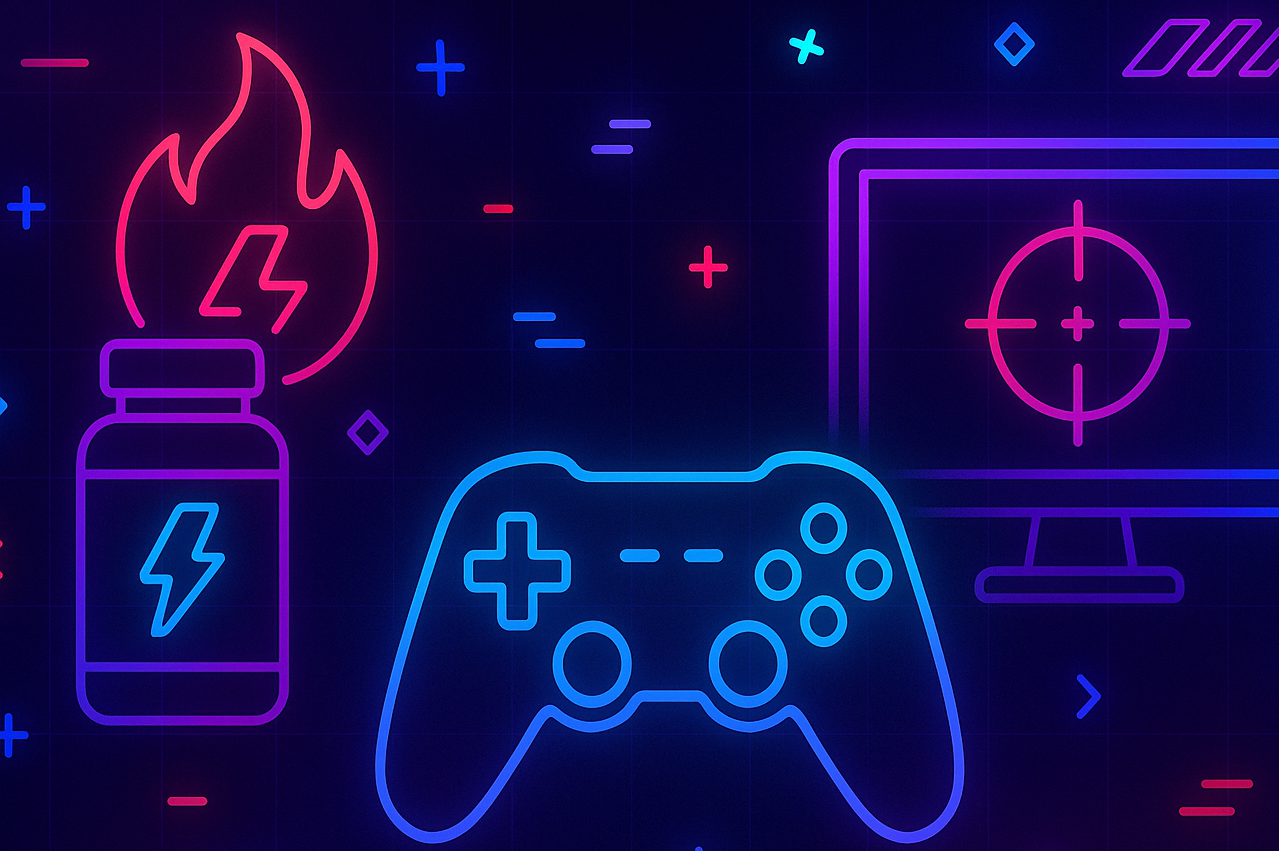 Neon-style gaming controller, monitor, and energy drink with flames on a dark background
