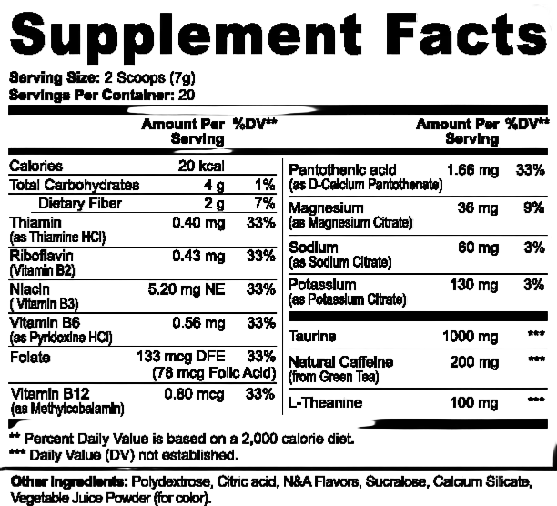 Supplement facts label with detailed nutritional information