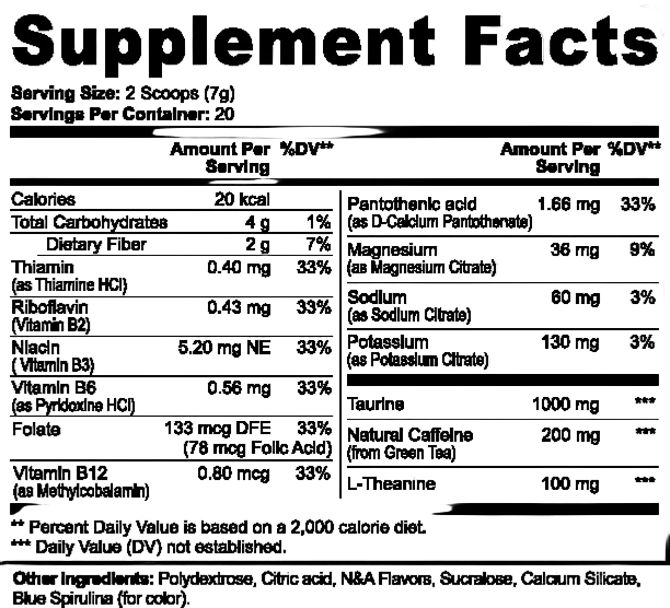 Supplement facts label with various nutrients and their amounts per serving